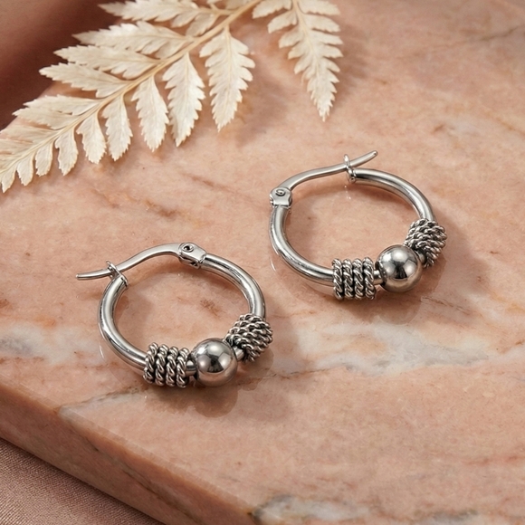 NKULTD Jewelry - Silver Beaded Hoop Earrings Stainless Steel Textured Boho Minimalist Huggie 0.9"